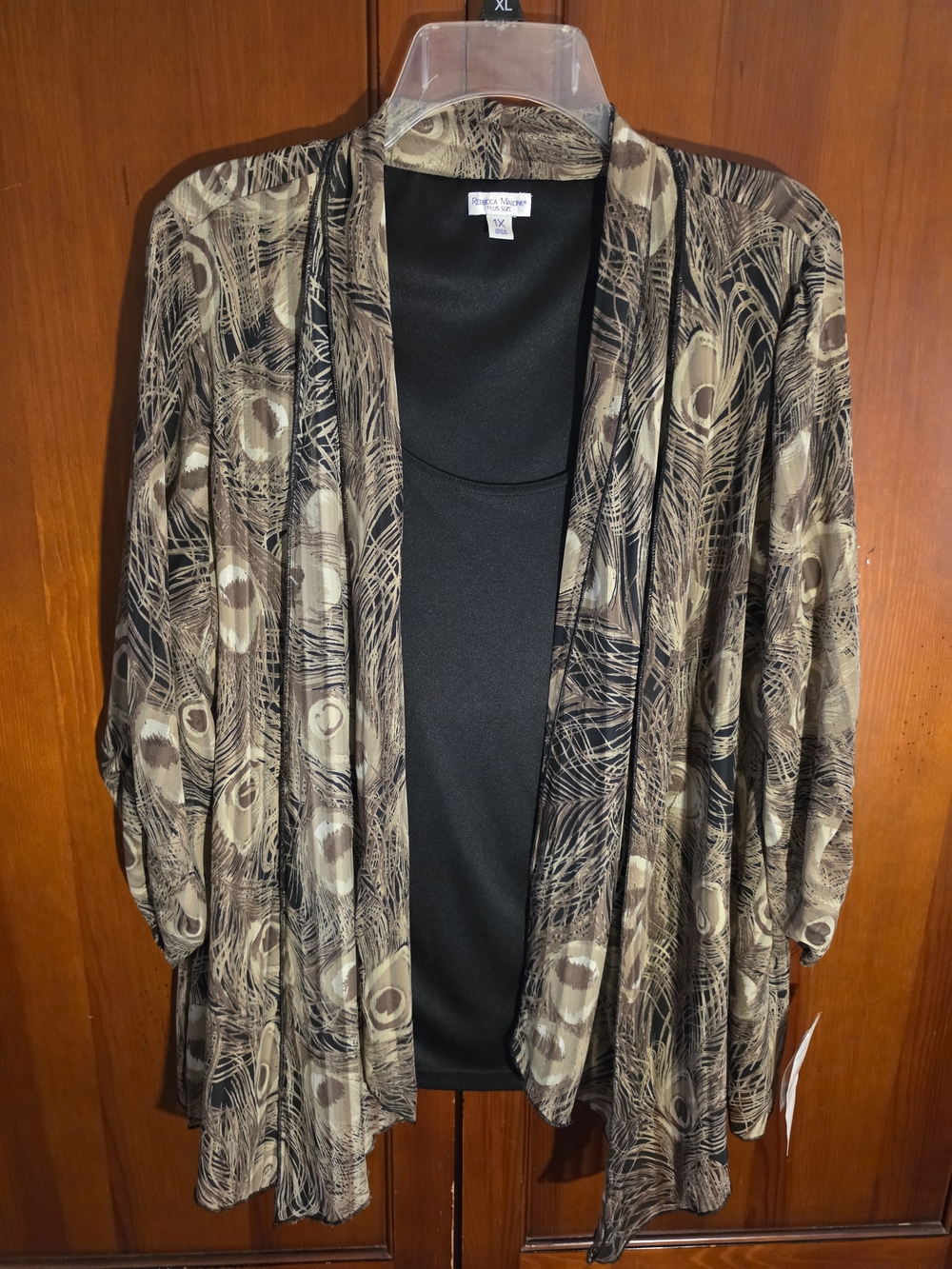 Rebecca Malone Brown & Black Feather-Print Open Cardigan